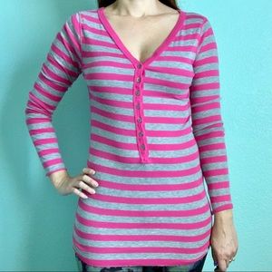 Michael Stars pink & gray striped henley tee